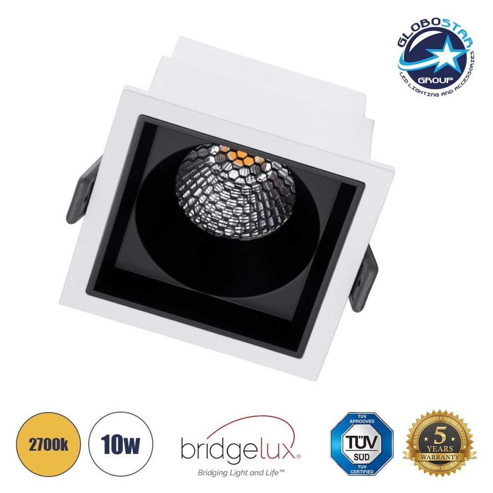 GLOBOSTAR® PLUTO-M 60271 Χωνευτό Downlight Σποτ με Honeycomb Anti Glare Reflector LED 10W 1250lm 38° AC 220-240V IP20 Θερμό Λευκό 2700K - Bridgelux COB Chip & TÜV SÜD Driver - Λευκό & Μαύρο Ματ - Μ8.4 x Π8.4 x Υ5.9cm - Q7.5 x 7.5cm - 5 Χρόνια Εγγύηση